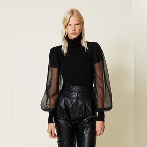 Twinset Milano Turtleneck Wool-Blend jumper with tulle sleeves in Winter White